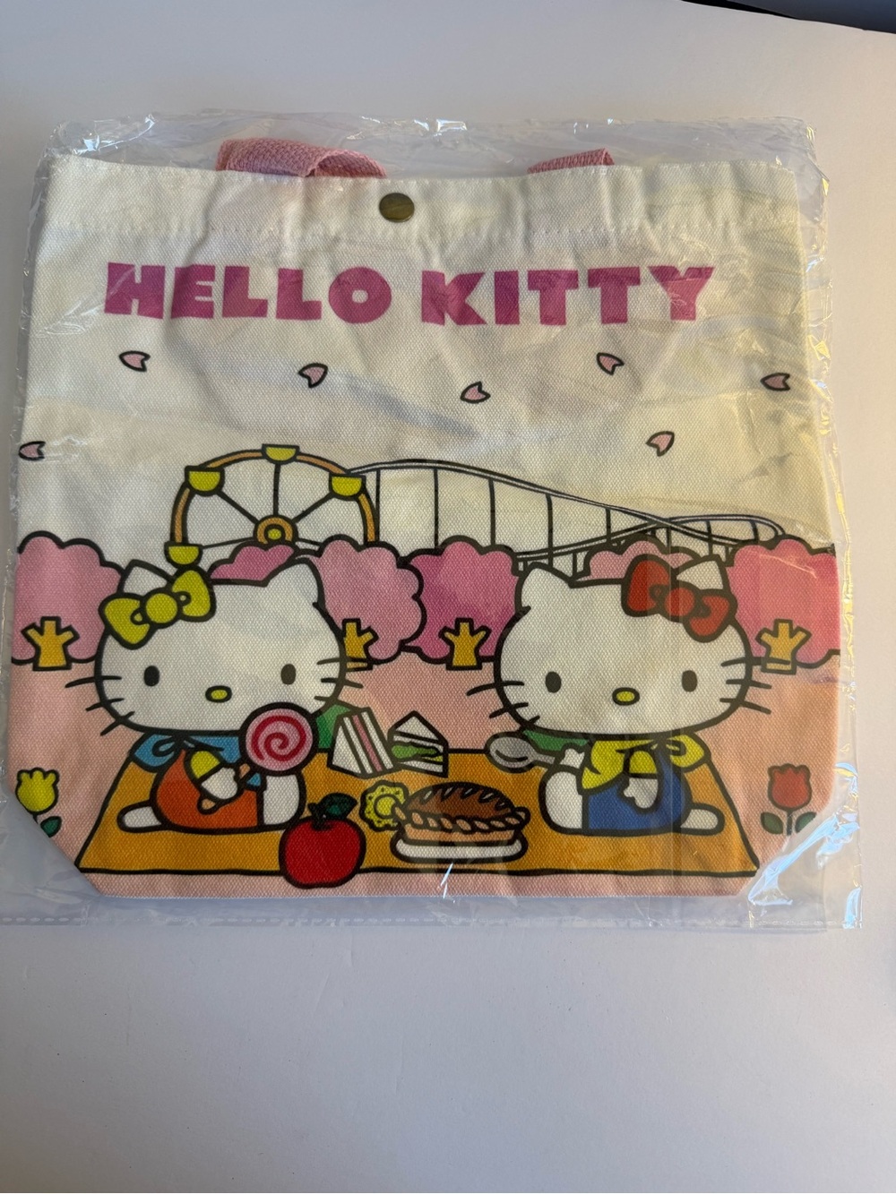 Hello Kitty Tote Bag Canvas Small Picnic Theme Park Cherry Blossom Kawaii NWT